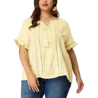 Agnes Orinda Women's Plus Size Lace Hollow Out Ruffle Boho Blouse 6 Agnes Orinda Women's Plus Size Lace Hollow Out Ruffle Boho Blouse - Image 6