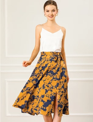 Allegra K Women's High Elastic Waist Belted Slit A-Line Midi Floral Print Skirt 1 Allegra K Women's High Elastic Waist Belted Slit A-Line Midi Floral Print Skirt