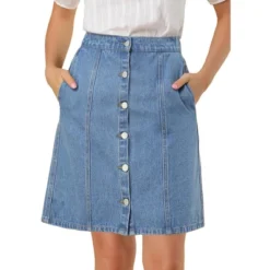 Allegra K Women's Elastic Back Short Button Down Denim Skirts With Pockets -Trendy Women GUEST bb283b71 6ed3 4865 8c0f 0c3887b5c25f