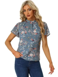 Allegra K Women's Stand Collar Pleated Front Chiffon Floral Blouses -Trendy Women GUEST bb87370e 394d 487d a691 9cbb3f6a9a32