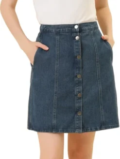 Allegra K Women's Elastic Back Short Button Down Denim Skirts With Pockets -Trendy Women GUEST bf0ed3e9 90fc 44e7 b5f4 af3942e01f91