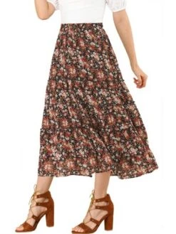 Allegra K Women's Floral Elastic Waist Tiered Ruffle Boho Midi Skirts -Trendy Women GUEST c055e13c 1d59 43f0 8a86 eae58d328984