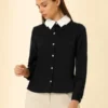 Allegra K Women's Work Tops Long Sleeve Contrast Collar Satin Button Down Shirt