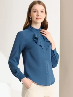Allegra K Women's Work Office Top Blouse Ruffle Neck Long Sleeve Ribbon Button Down Blouses