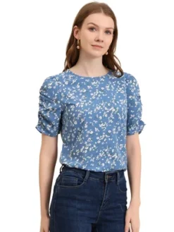 Allegra K Women's Floral Crew Neck Summer Casual Shirred Short Sleeve Blouse -Trendy Women GUEST c5a985de 5d9d 4109 bdb7 954e05979c36