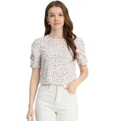 Allegra K Women's Floral Crew Neck Summer Casual Shirred Short Sleeve Blouse -Trendy Women GUEST c6f2b120 03ab 433a a98a 3d827174dfeb