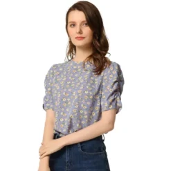 Allegra K Women's Floral Crew Neck Summer Casual Shirred Short Sleeve Blouse -Trendy Women GUEST c72cd59d dd90 4d96 a340 6d428b4dbab4