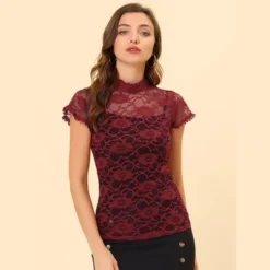 Allegra K Women's Elegant Floral Lace Blouse Short Sleeve Keyhole Back Fitted Semi Sheer Top