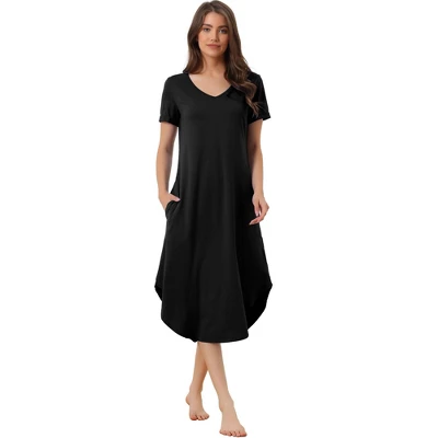 Cheibear Women's V Neck Short Sleeve Long Nightgown Lounge Dress With Pocket 7 Cheibear Women's V Neck Short Sleeve Long Nightgown Lounge Dress With Pocket - Image 7