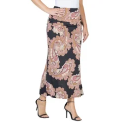 24seven Comfort Apparel Womens Black Paisley Print Foldover Maxi Skirt