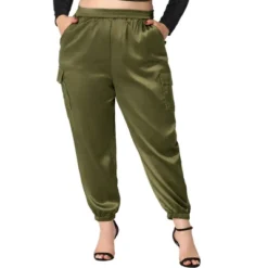 Agnes Orinda Women's Plus Size Cargo Elastic Waist Athleisure Ankle Length Satin Joggers Pant