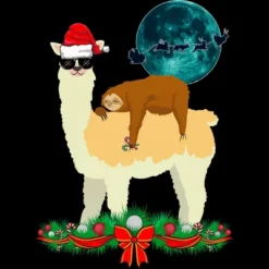 Junior's Design By Humans Llama With Glasses Sleeping Sloth Christmas Santa By TeeShirtMadness T-Shirt