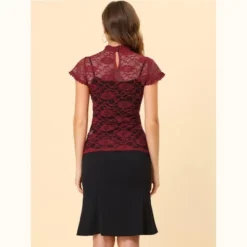 Allegra K Women's Elegant Floral Lace Blouse Short Sleeve Keyhole Back Fitted Semi Sheer Top -Trendy Women GUEST d2f37fa4 3734 49dd a9ca 7c3a499f3758