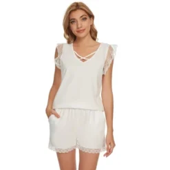 Cheibear Womens Sleepwear Pajamas Tank Tops With Shorts V-Neck Lace Trim Sleeveless Lounge Set -Trendy Women GUEST d37cfeda 50b3 4052 bea2 2bcbceba8979