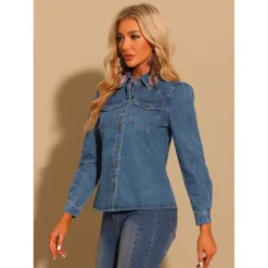 Allegra K Women's Casual Point Collar Button Down Puff Long Sleeves Denim Shirt -Trendy Women GUEST d52e6b8d e96c 43cd acf4 7faf2cb9b29e
