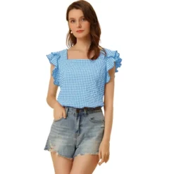 Allegra K Women's Summer Gingham Square Neck Ruffle Sleeve Blouse -Trendy Women GUEST d9375125 a873 4b89 9fa0 9922a937a5ef