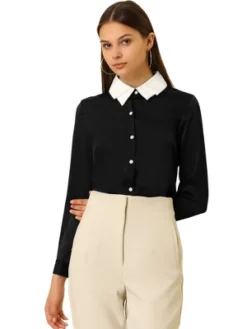 Allegra K Women's Work Tops Long Sleeve Contrast Collar Satin Button Down Shirt -Trendy Women GUEST db7d93ef d7f5 4327 81d2 d30d61cbd66a