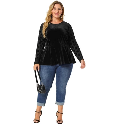 Agnes Orinda Plus Size Peplum Top For Women Polka Dots Sheer Puff Sleeve Velvet Top 2 Agnes Orinda Plus Size Peplum Top For Women Polka Dots Sheer Puff Sleeve Velvet Top - Image 2