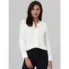 Hobemty Women's V Neck Long Sleeve Faux Flap Pocket Work Office Blouse