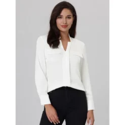 Hobemty Women's V Neck Long Sleeve Faux Flap Pocket Work Office Blouse