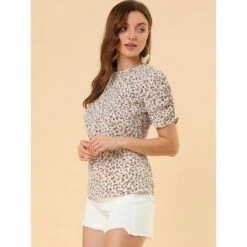 Allegra K Women's Floral Crew Neck Summer Casual Shirred Short Sleeve Blouse -Trendy Women GUEST de06b4fe 587e 4d47 915b 5359e0e6ac6c