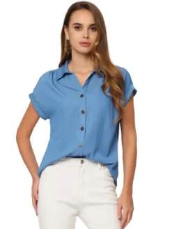 Allegra K Women's Summer Casual Blouse Short Sleeve V Neck Relaxed Button Up Shirts -Trendy Women GUEST df28aa7d e4be 48c9 9a81 5d78be1c80e4