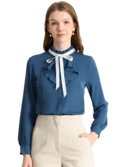 Allegra K Women's Work Office Top Blouse Ruffle Neck Long Sleeve Ribbon Button Down Blouses -Trendy Women GUEST dfb4902b b8cc 43cf 8772 aa0da3f2ed5c