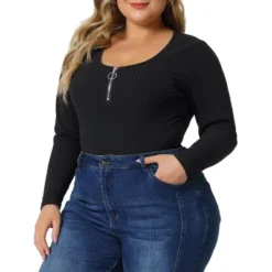 Agnes Orinda Women's Plus Size Zipper Deep Scoop Neck Long Sleeve Tops Bodysuit Jumpsuit -Trendy Women GUEST e0008e4f 3ca2 4f91 ad70 22c80efec488