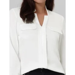 Hobemty Women's V Neck Long Sleeve Faux Flap Pocket Work Office Blouse -Trendy Women GUEST e1357155 6d4f 46d8 8683 eee54e3a55ed