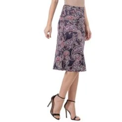 24seven Comfort Apparel Womens Grey Paisley Elastic Waist Knee Length Skirt