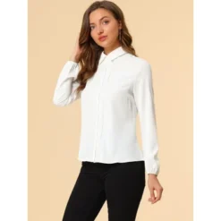 Allegra K Women's Office Work Turn Down Collar Lace Trim Long Sleeve Button Down Shirt -Trendy Women GUEST e29343de 78ee 4c27 b847 ba52b6d2dd41