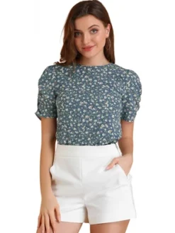 Allegra K Women's Floral Crew Neck Summer Casual Shirred Short Sleeve Blouse -Trendy Women GUEST e5b7d631 56a2 4982 9a69 faa62e984dc7