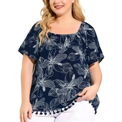 Agnes Orinda Women's Plus Size Blouse Floral Off Shoulder Tassel Hem Casual Top 1 Agnes Orinda Women's Plus Size Blouse Floral Off Shoulder Tassel Hem Casual Top