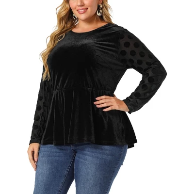Agnes Orinda Plus Size Peplum Top For Women Polka Dots Sheer Puff Sleeve Velvet Top 1 Agnes Orinda Plus Size Peplum Top For Women Polka Dots Sheer Puff Sleeve Velvet Top