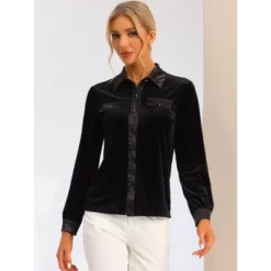 Allegra K Women's Point Collar Faux Pocket Long Sleeves Button Down Velvet Blouse 8 Allegra K Women's Point Collar Faux Pocket Long Sleeves Button Down Velvet Blouse -Trendy Women GUEST e7aedbdb 8d72 4a8a 8a84 b5022b9b322f