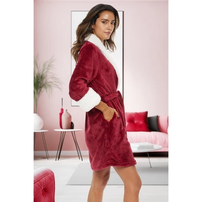 Women's Classic Plush Robe, Short Fleece Bathrobe Solids 2 Women's Classic Plush Robe, Short Fleece Bathrobe Solids - Image 2