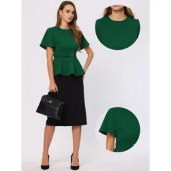 Allegra K Women's Round Neck Flutter Sleeve Belted Waist Office Peplum Blouse