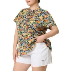 Agnes Orinda Women's Plus Size Self Tie Ruffle Pleated Floral Blouse -Trendy Women GUEST eae828be 1192 44ac a719 41790bc37e30