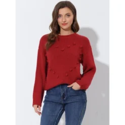 Allegra K Women's Tops Heart Pattern Crew Neck Drop Shoulder Knit Pullover Sweater