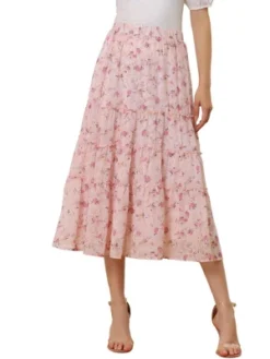 Allegra K Women's Floral Elastic Waist Tiered Ruffle Boho Midi Skirts -Trendy Women GUEST ec8b46f1 c2c6 414b b188 3ae51c20f770
