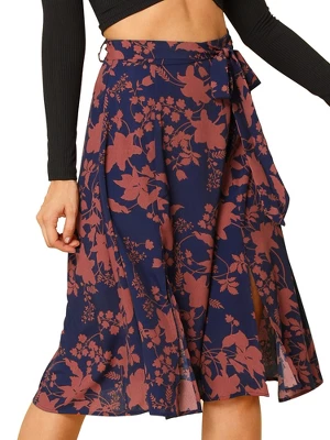 Allegra K Women's High Elastic Waist Belted Slit A-Line Midi Floral Print Skirt 8 Allegra K Women's High Elastic Waist Belted Slit A-Line Midi Floral Print Skirt - Image 8