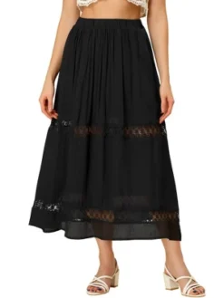 Allegra K Women's Lace Insert Vintage Swing A-Line Maxi Skirt With Elastic Waist -Trendy Women GUEST eee04476 16b5 48de 9d65 c82e8b068cef