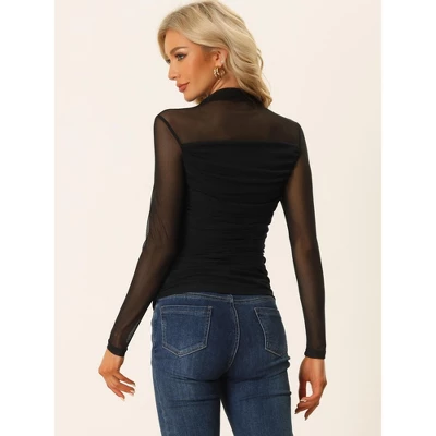 Allegra K Women's Solid Mock Neck Mesh Sheer Long Sleeve Ruched Blouses 2 Allegra K Women's Solid Mock Neck Mesh Sheer Long Sleeve Ruched Blouses - Image 2