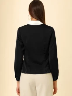 Allegra K Women's Work Tops Long Sleeve Contrast Collar Satin Button Down Shirt -Trendy Women GUEST f5289377 1111 4496 b3fd e28bb46e7d9c