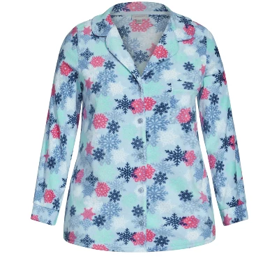 Women's Plus Size Snowflake Button Fleece Sleep Top - Blue | AVENUE 4 Women's Plus Size Snowflake Button Fleece Sleep Top - Blue | AVENUE - Image 4