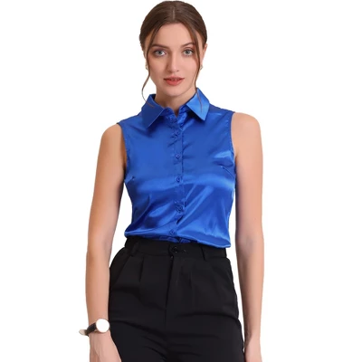 Allegra K Women's Satin Work Collar Sleeveless Button Down Shirts 5 Allegra K Women's Satin Work Collar Sleeveless Button Down Shirts - Image 5