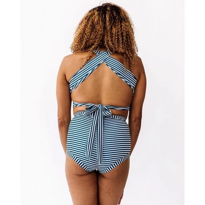 Lime Ricki Women's Indigo Stripe Cross-Back Crop Top 5 Lime Ricki Women's Indigo Stripe Cross-Back Crop Top - Image 5