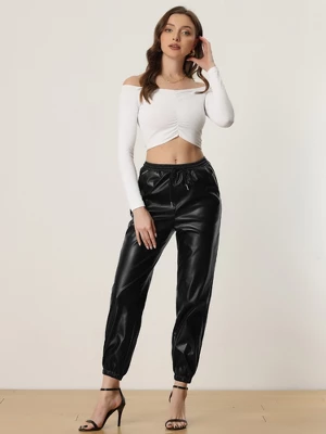 Allegra K Faux Leather Pants For Women's Drawstring High Waist Joggers Casual Tapered Trousers 2 Allegra K Faux Leather Pants For Women's Drawstring High Waist Joggers Casual Tapered Trousers - Image 2