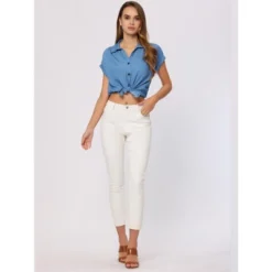 Allegra K Women's Summer Casual Blouse Short Sleeve V Neck Relaxed Button Up Shirts -Trendy Women GUEST f98890ee 048f 4dfe 824d c5753b219aae