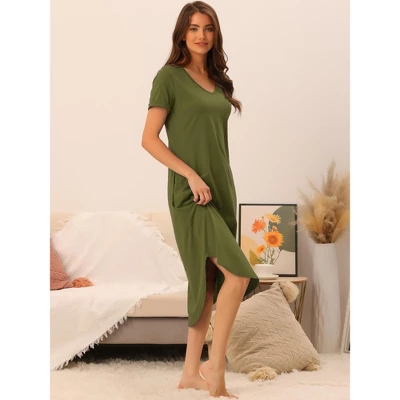 Cheibear Women's V Neck Short Sleeve Long Nightgown Lounge Dress With Pocket 1 Cheibear Women's V Neck Short Sleeve Long Nightgown Lounge Dress With Pocket